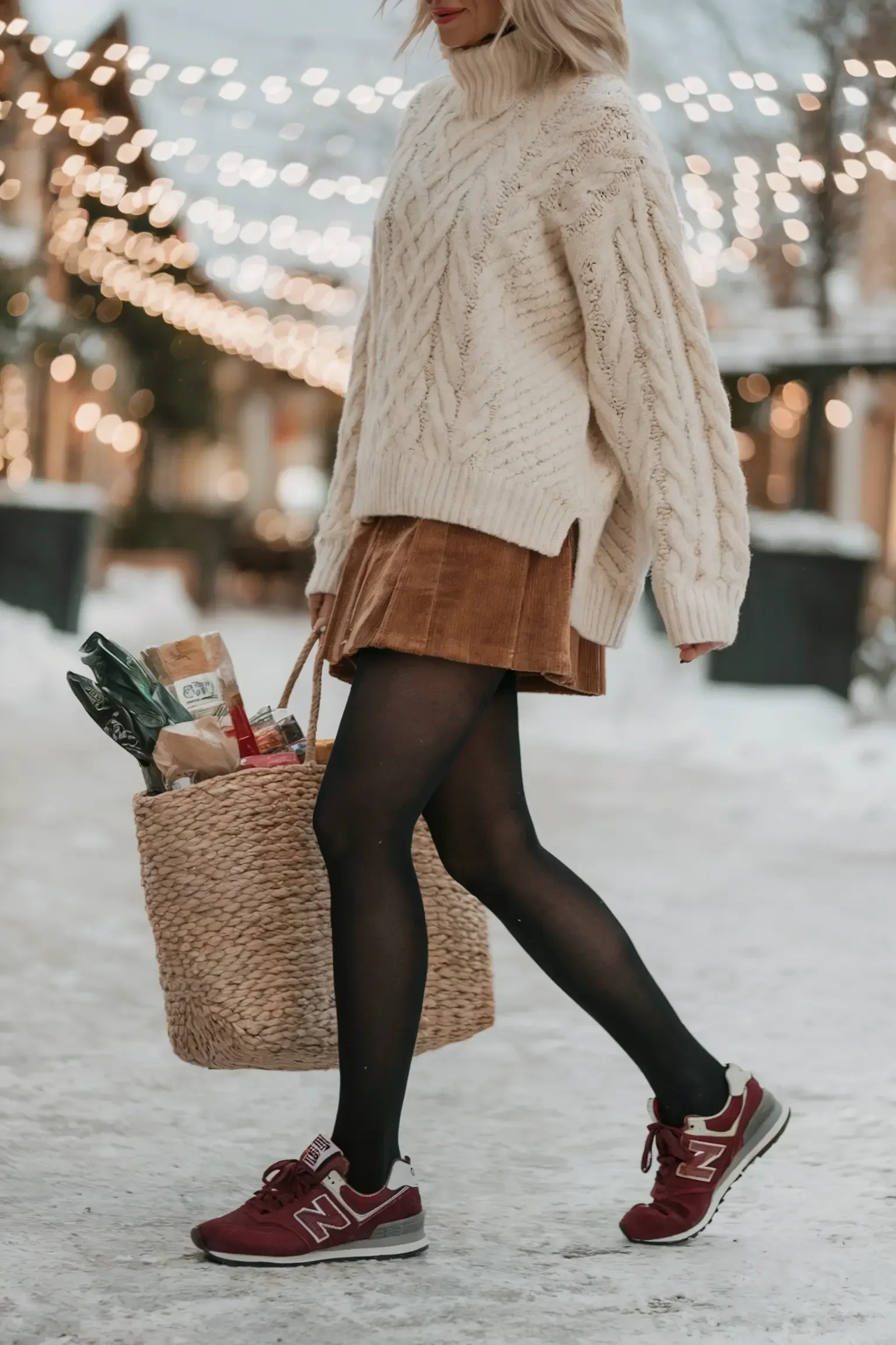 Woman wearing sneakers with a corduroy skirt, tights, and sweater