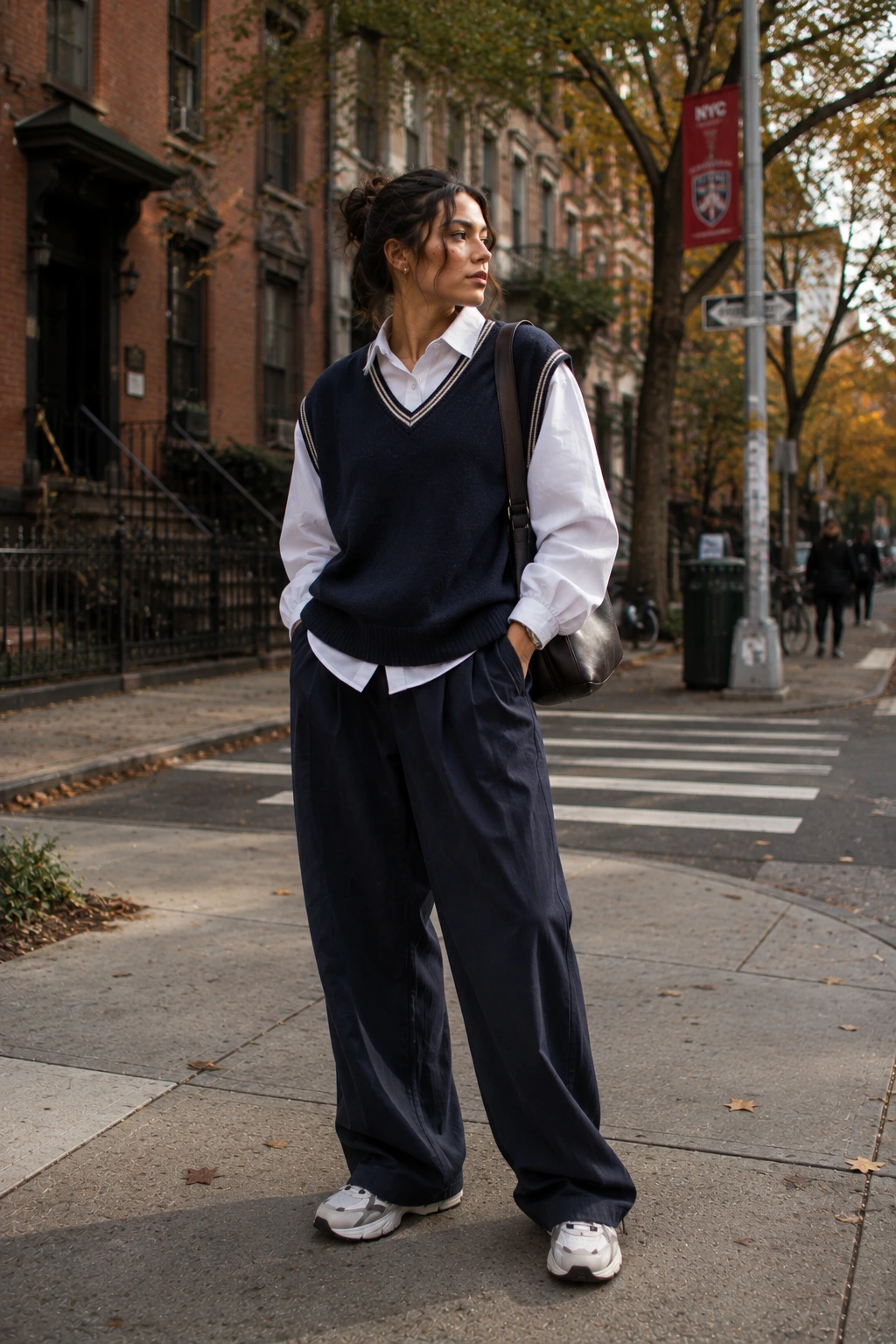Woman wearing sneakers with a sweater vest, shirt, and pleated trousers