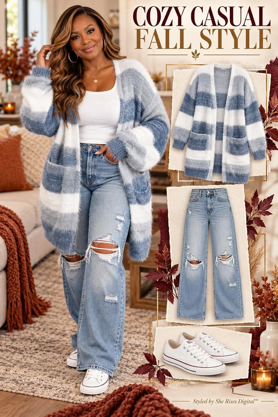 Woman wearing sneakers with a long cardigan and flared jeans