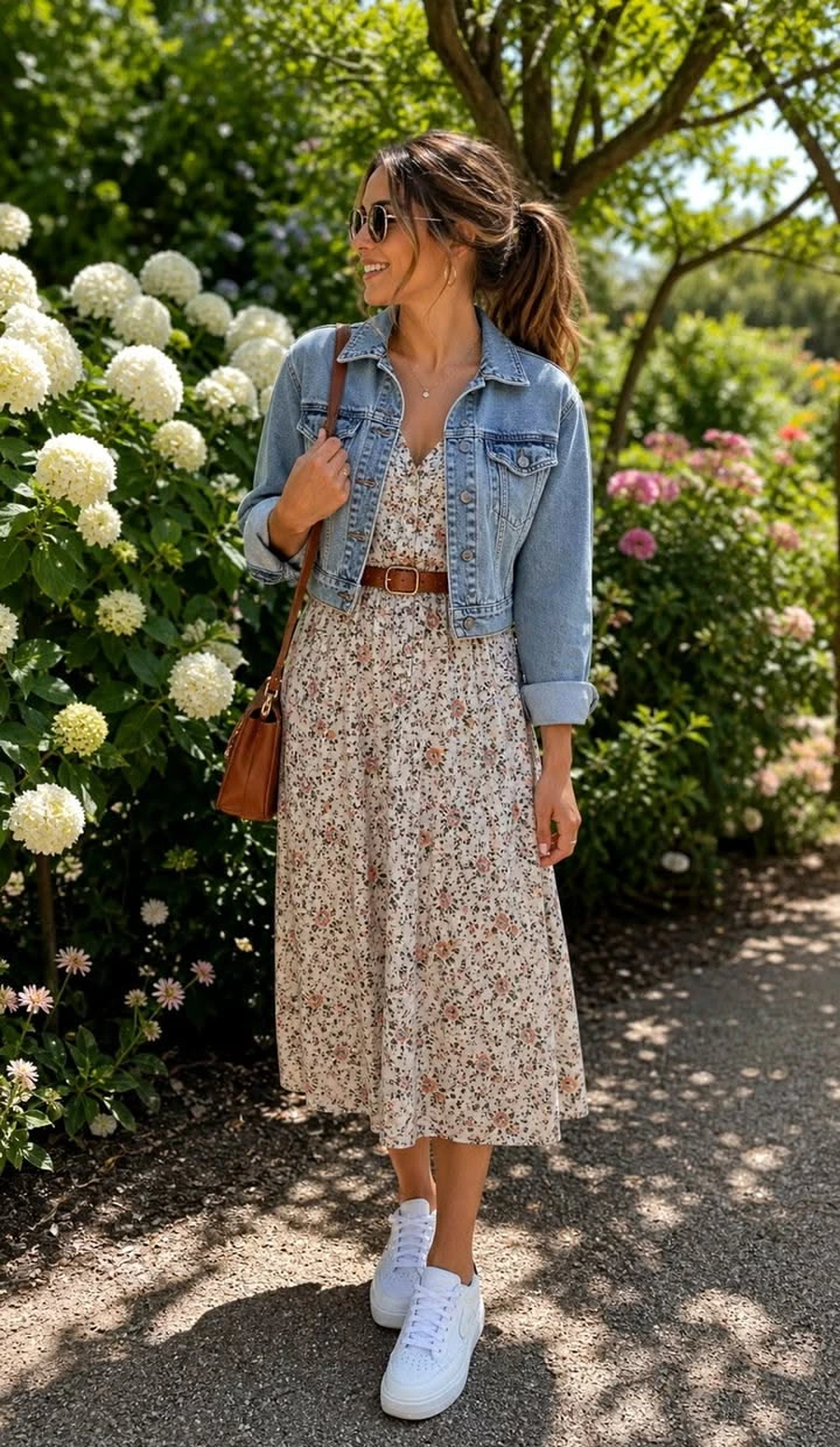 Woman wearing sneakers with a floral midi dress and denim jacket