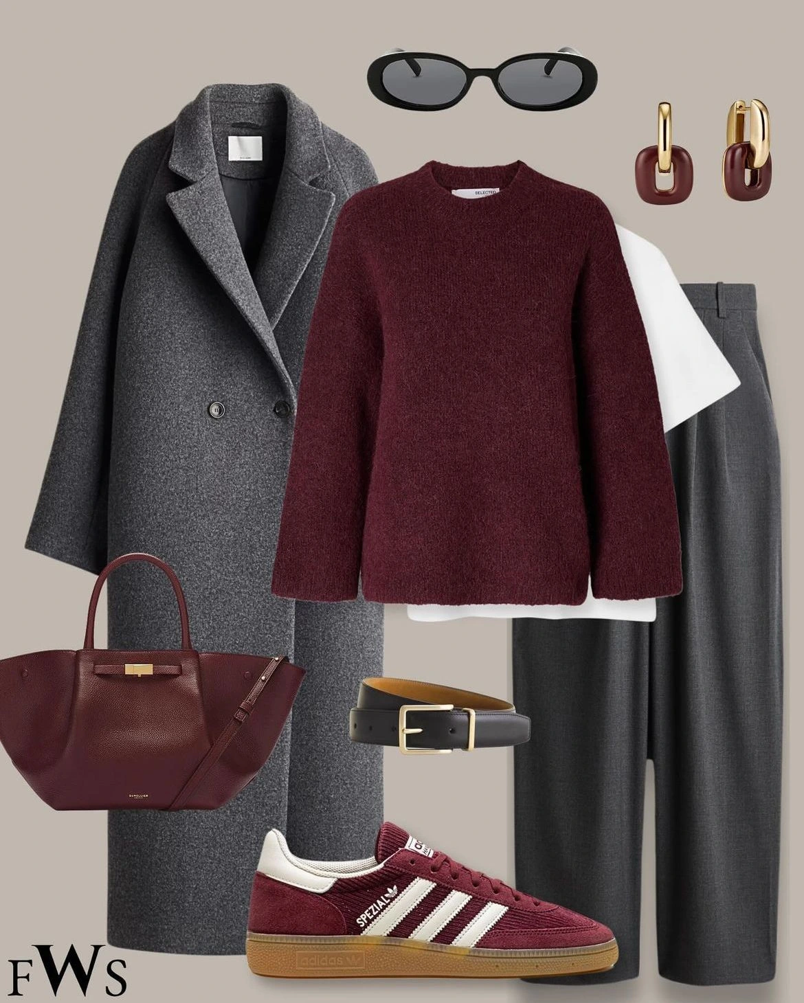 Woman wearing sneakers with a grey coat, burgundy sweater, and black pants