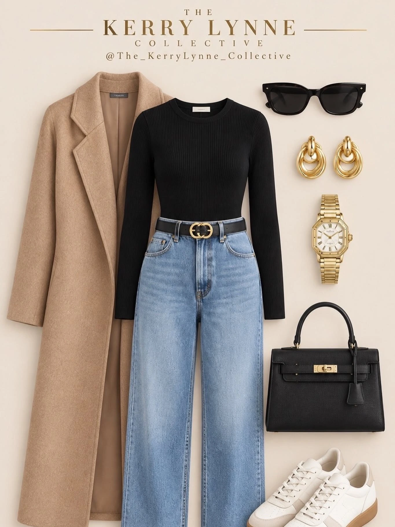 Woman wearing sneakers with all black layers and a camel coat