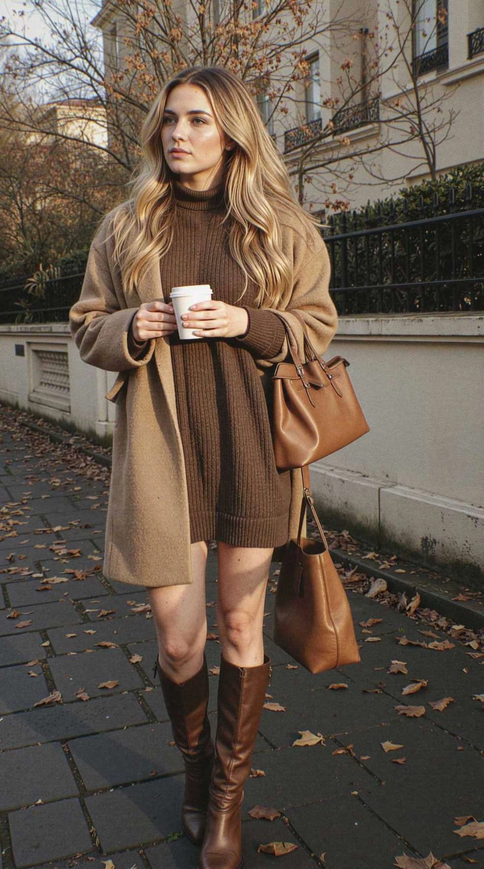 Woman in a camel coat over a knit dress with knee high boots for fall