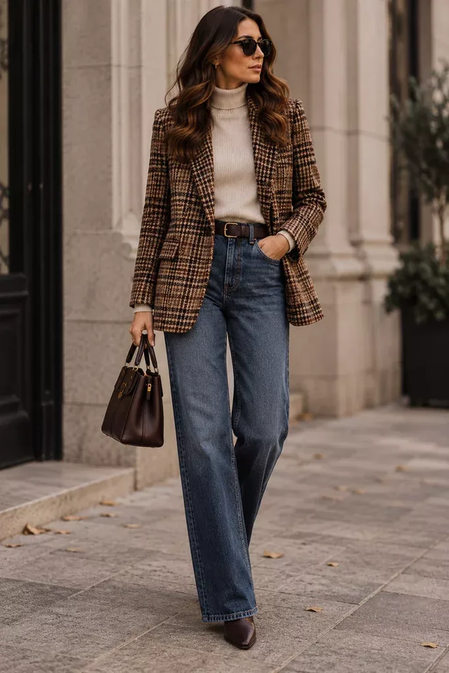 Woman wearing a plaid blazer over a turtleneck with dark jeans