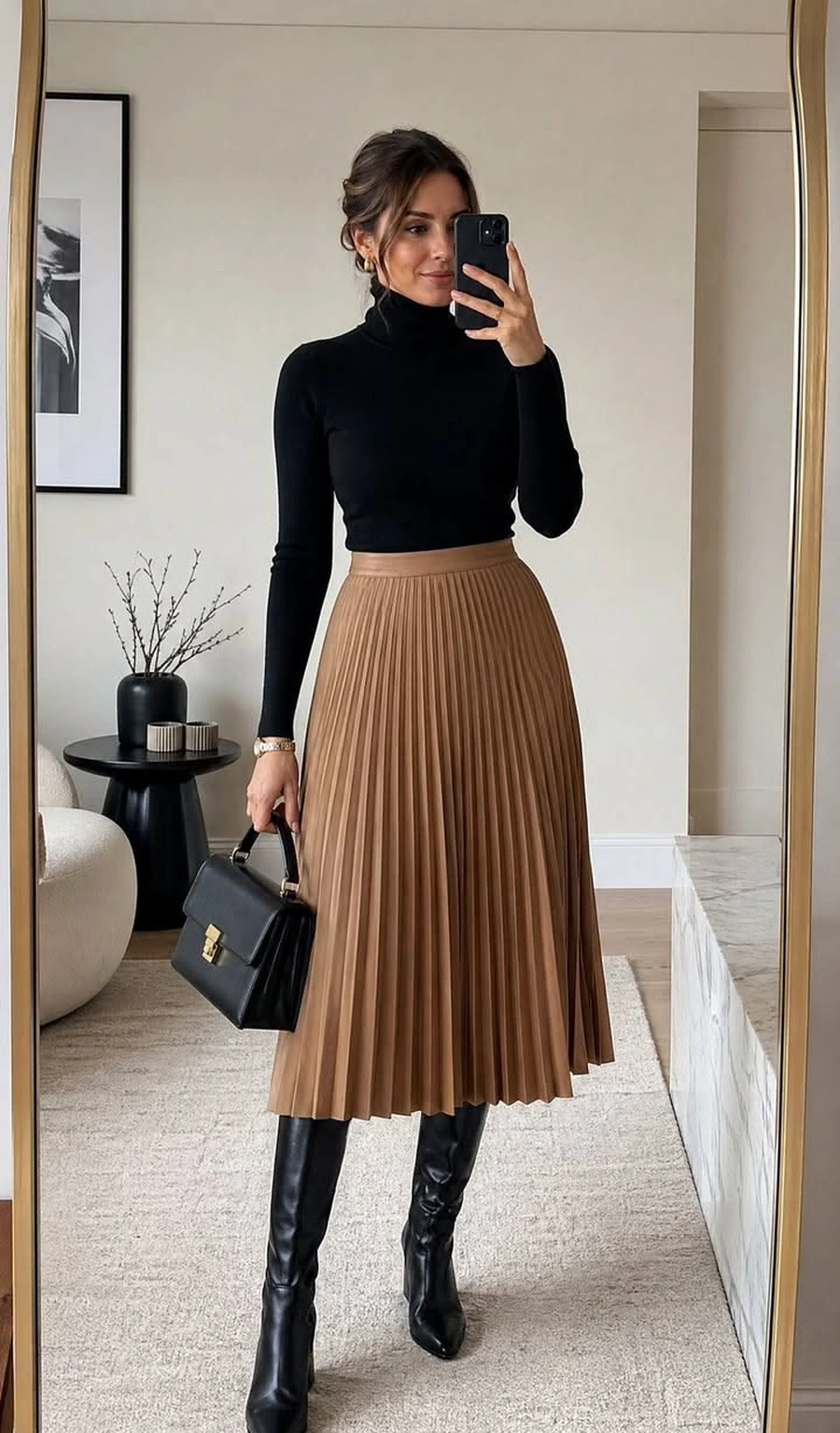 Woman in a soft sweater with a pleated skirt and heeled boots