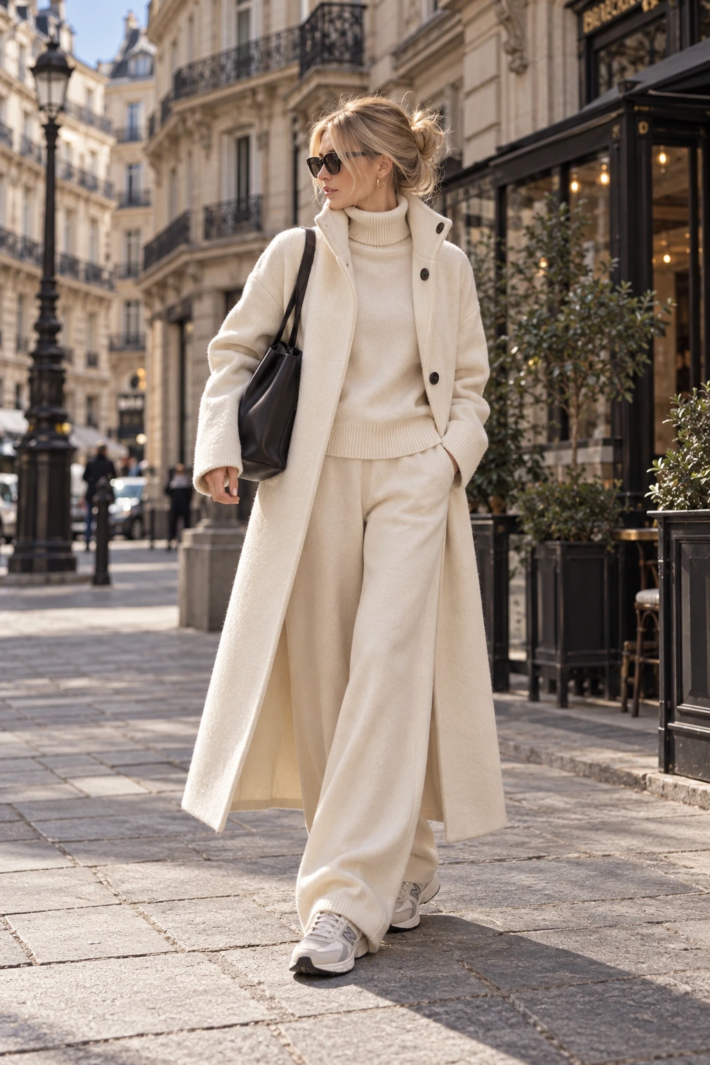 Woman in a cream monochrome knit set with a long coat