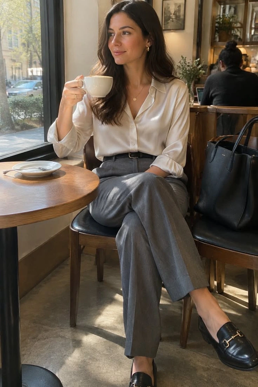 Woman wearing a satin blouse with wool trousers and pointed flats