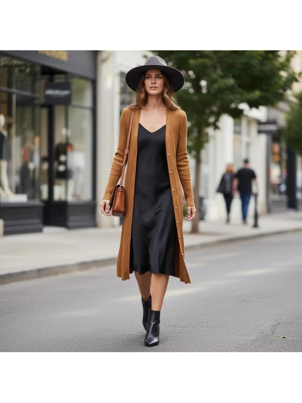 Woman wearing a long cardigan coat over a slip dress with boots