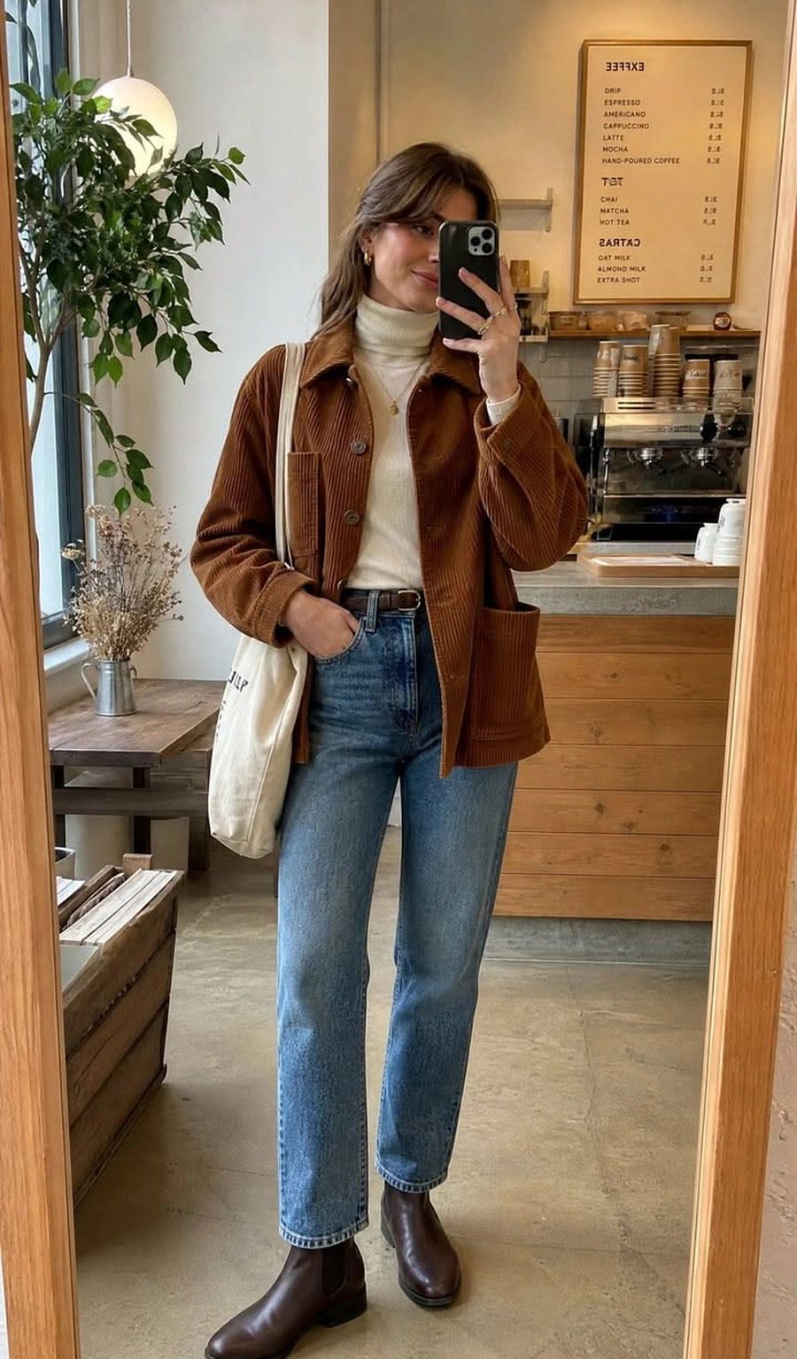 Woman wearing a corduroy shirt jacket with a white top and jeans