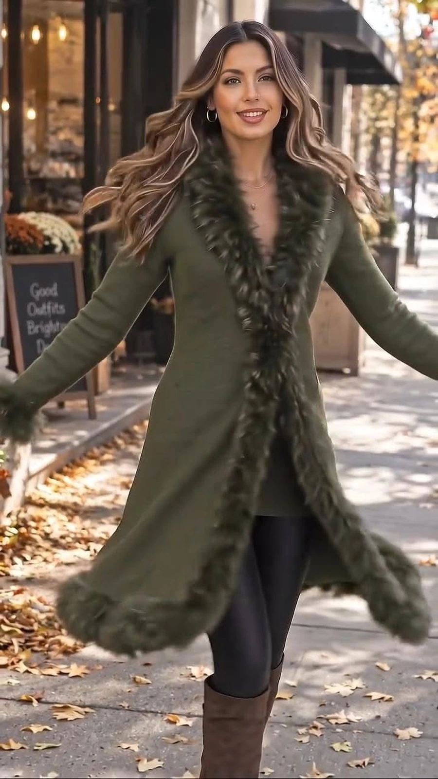 Woman in a faux fur trim coat with a simple knit and jeans