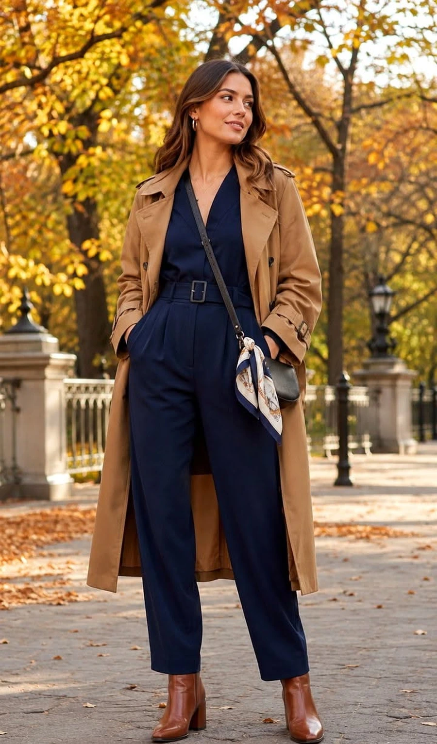 Woman wearing a wrap coat over a jumpsuit with block heels