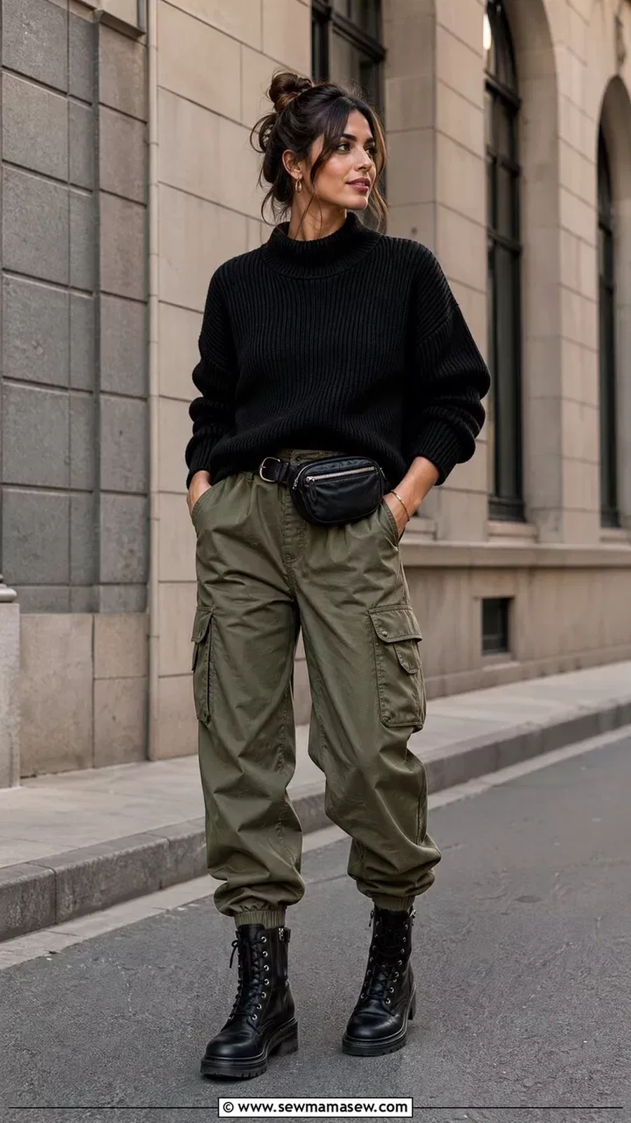 Woman in a black knit sweater with cargo trousers and boots
