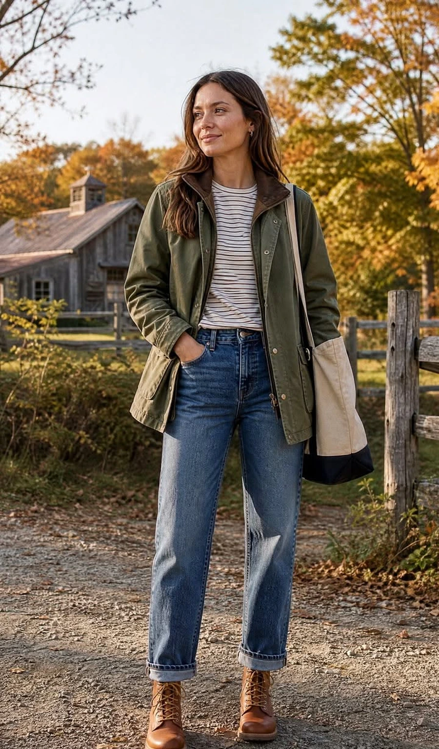 Woman in an olive parka with a striped top and straight jeans
