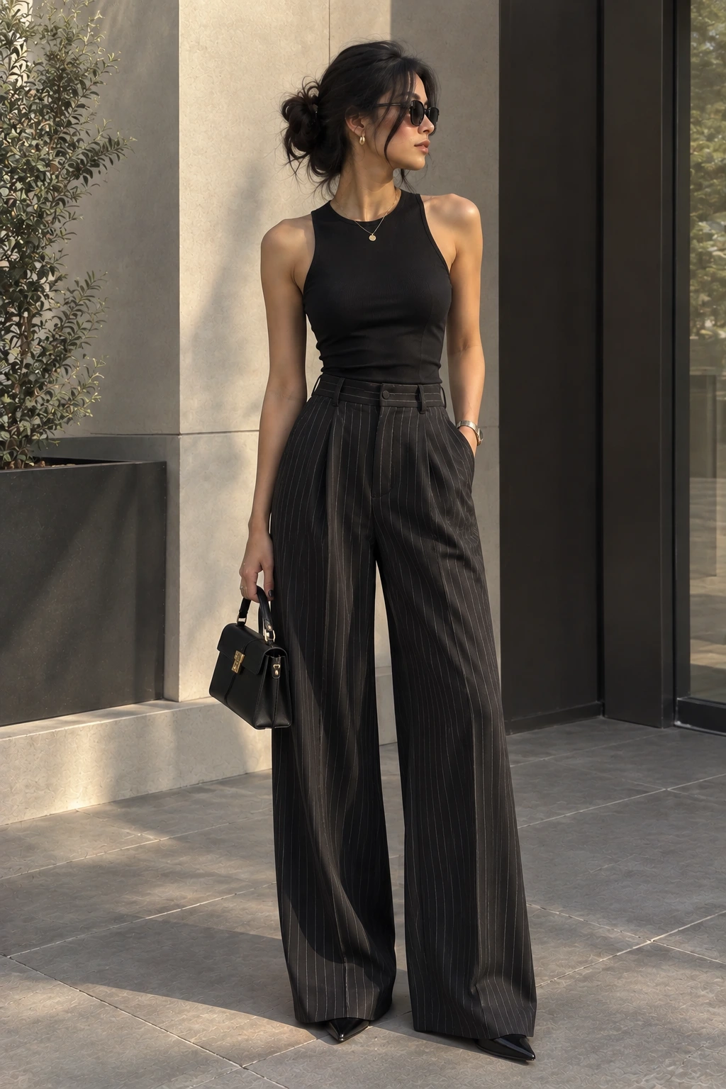 Tall woman wearing high waist wide leg trousers with a tucked top