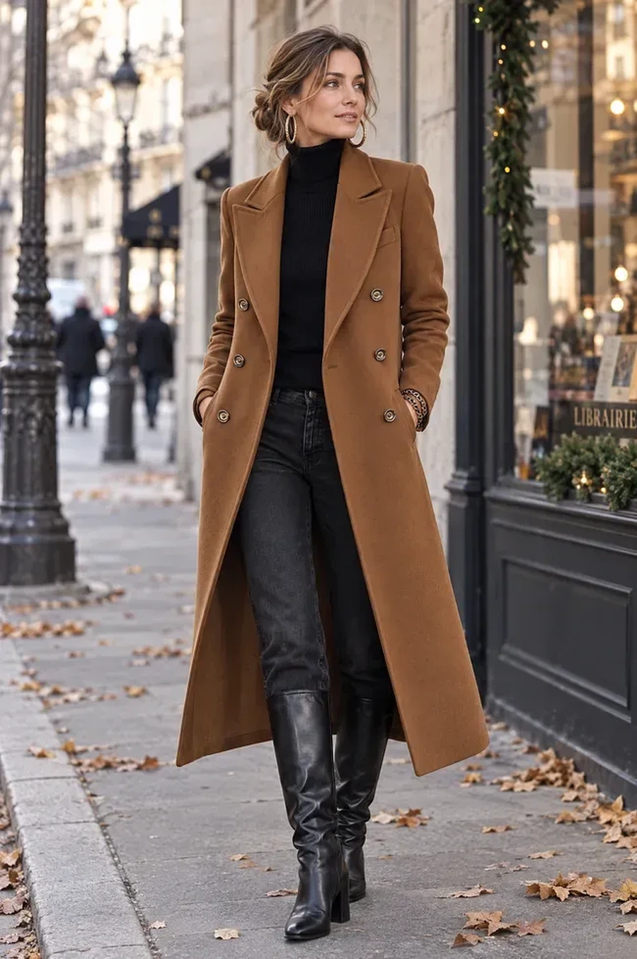 Tall woman wearing a longline coat over trousers in winter