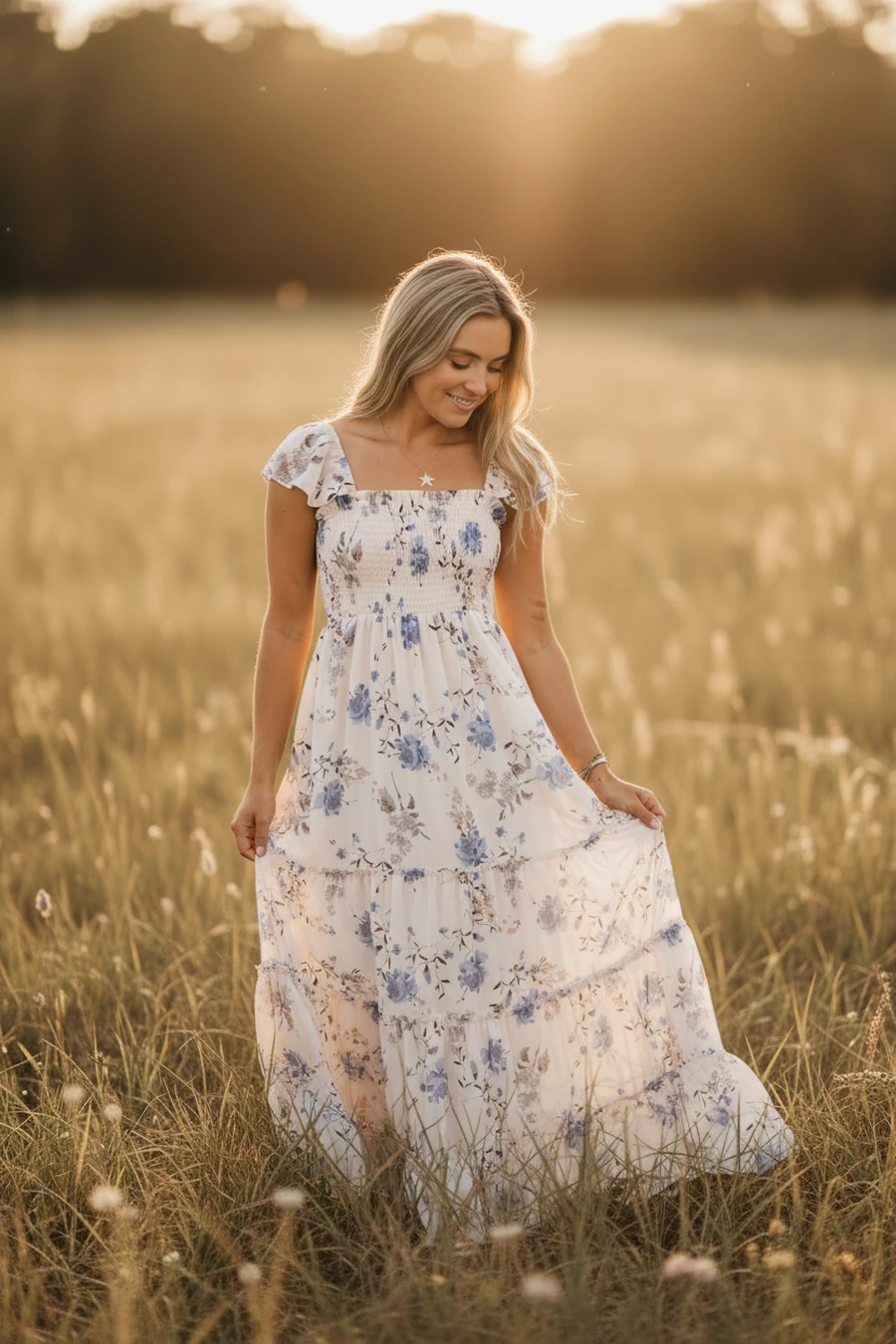 Tall woman wearing a maxi dress that reaches the ankle