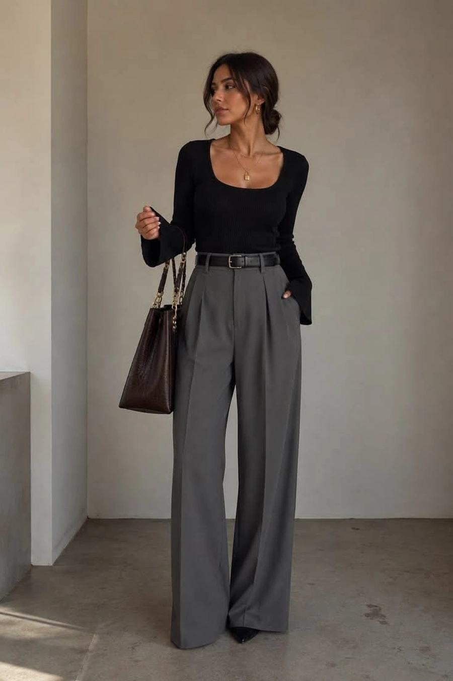 Tall woman wearing office trousers for work