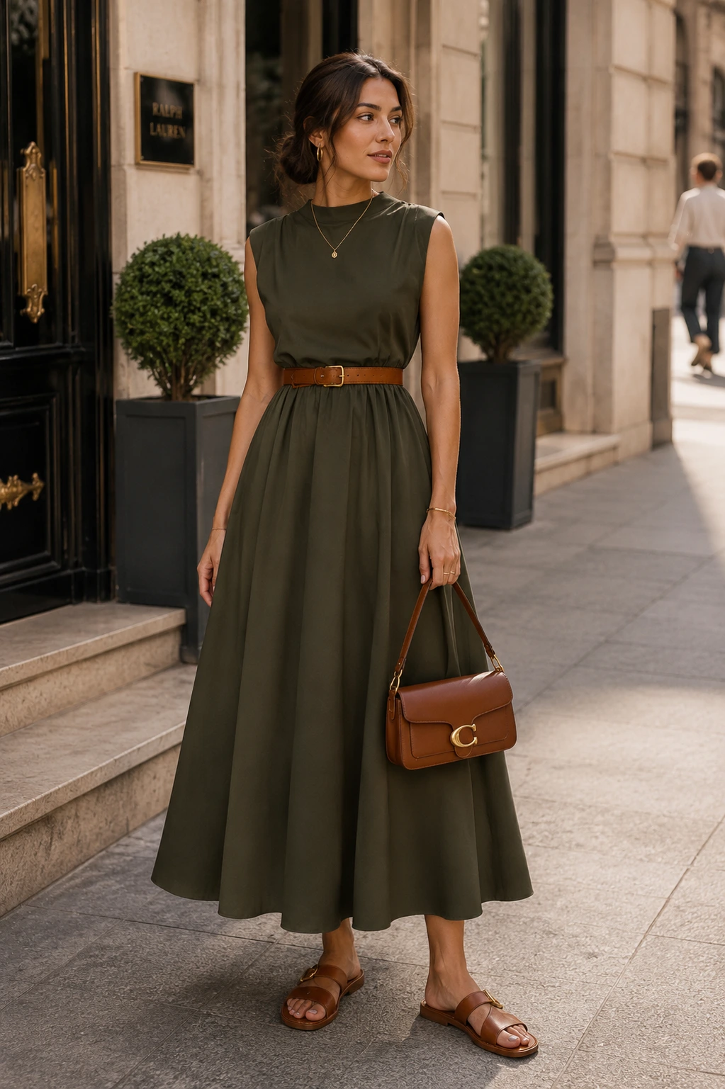 Tall woman wearing a belted dress that defines the waist