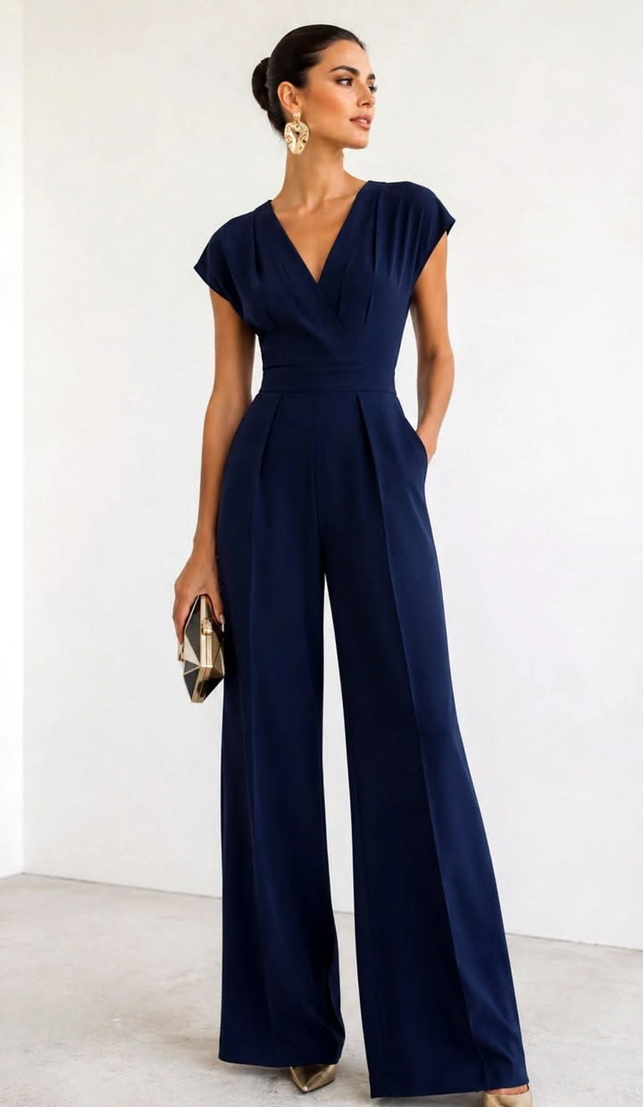 Tall woman wearing a jumpsuit that fits torso and leg
