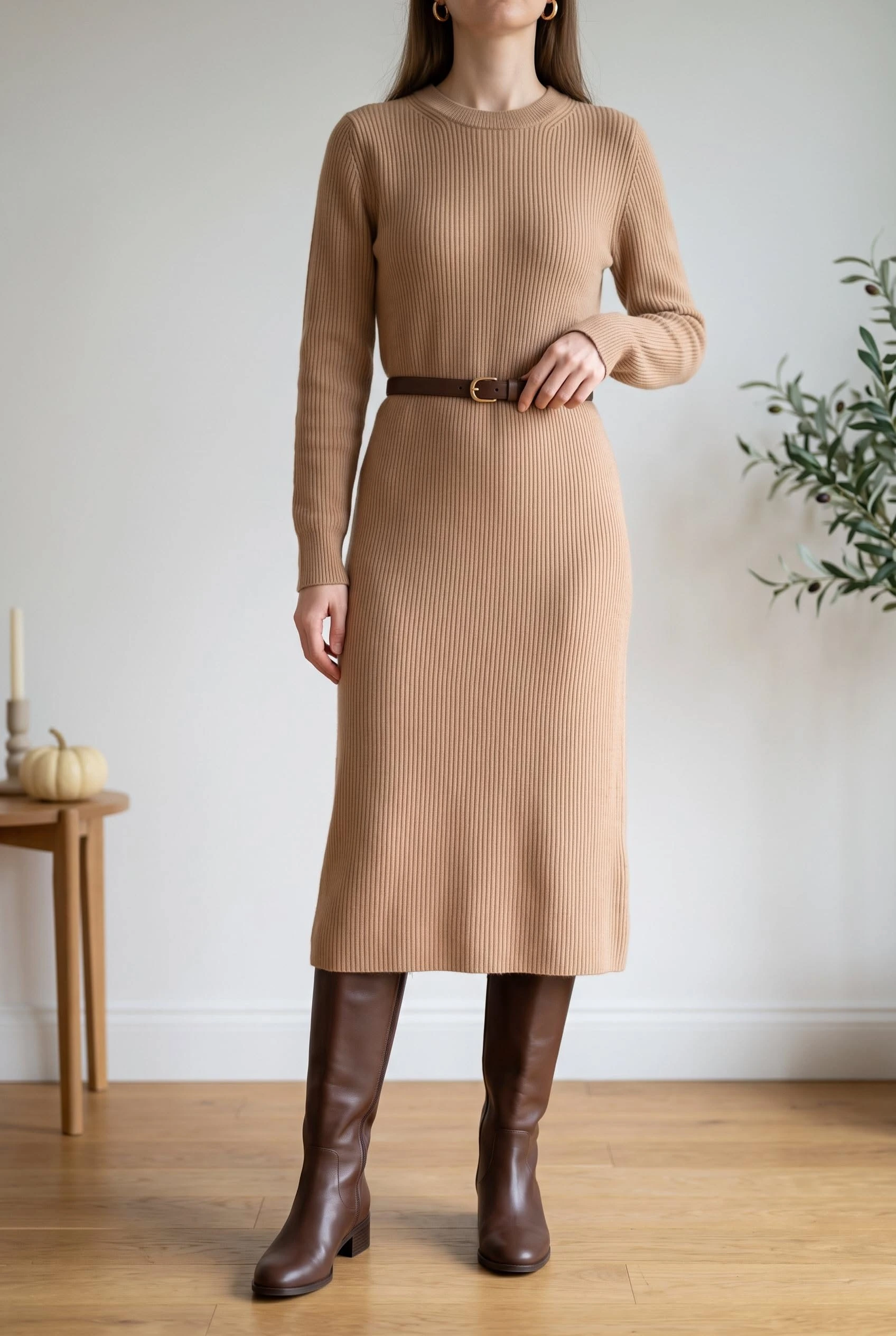 Tall woman wearing a knit dress with boots in autumn