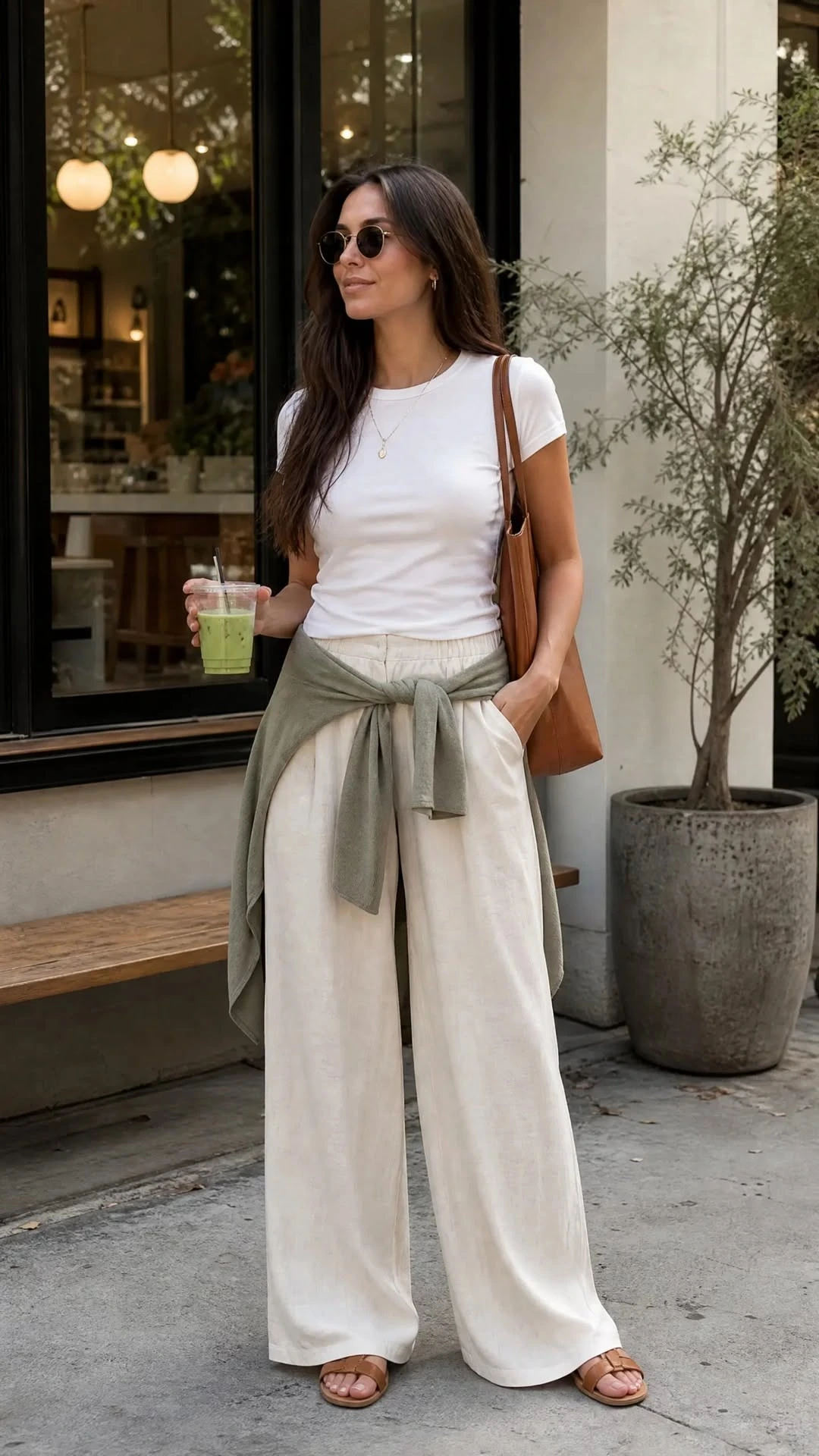 White Linen Wide Leg Pants With a Simple White Tee