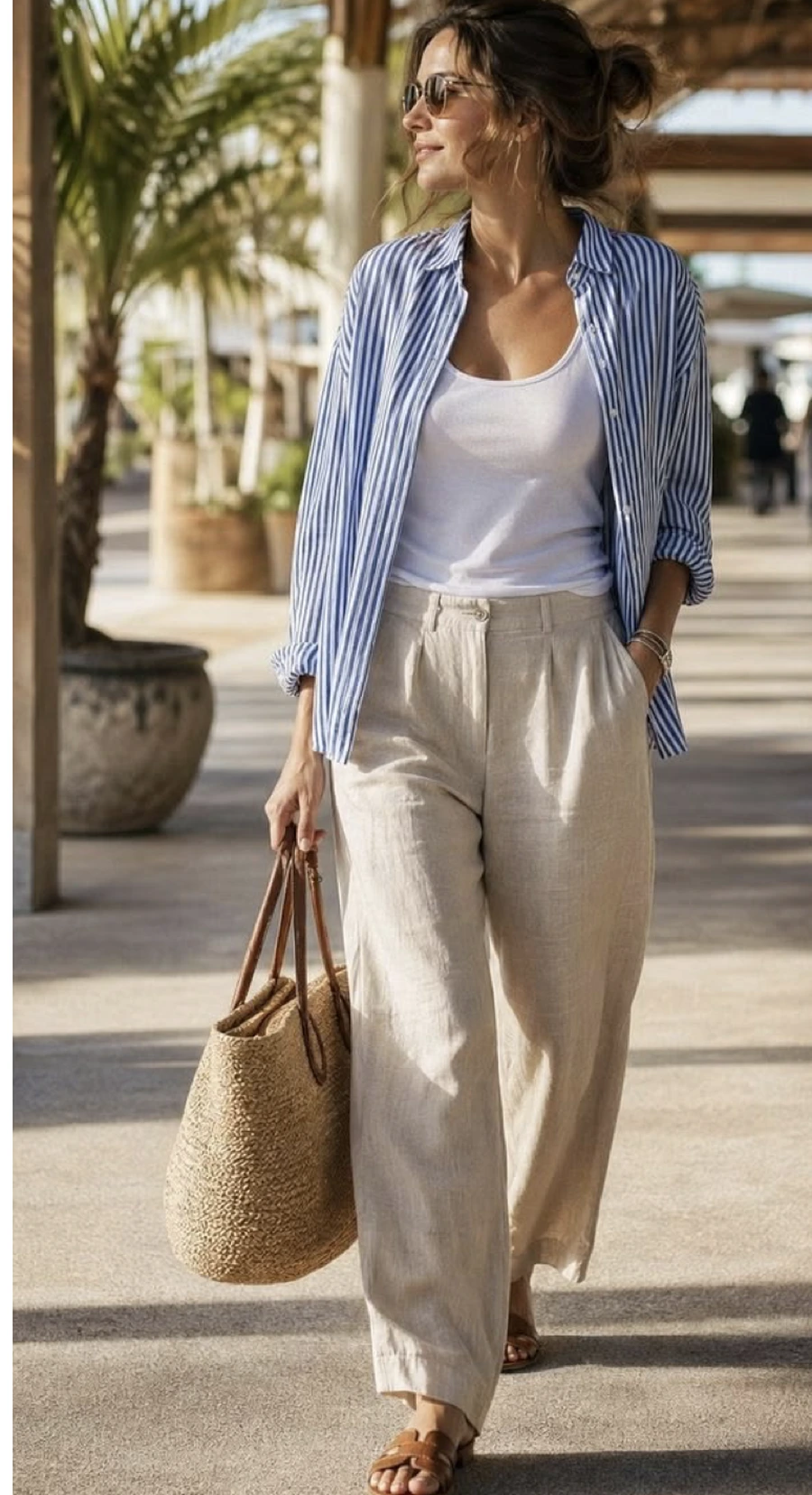 Beige Linen Pants With a Striped Shirt Layer