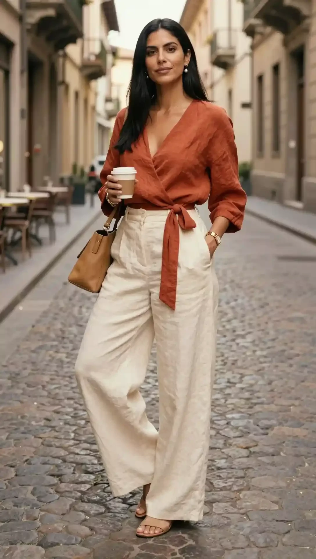 Cream Linen Pants With a Terracotta Wrap Blouse