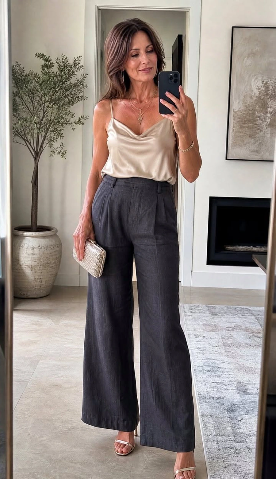 Charcoal Linen Pants With a Silk Camisole