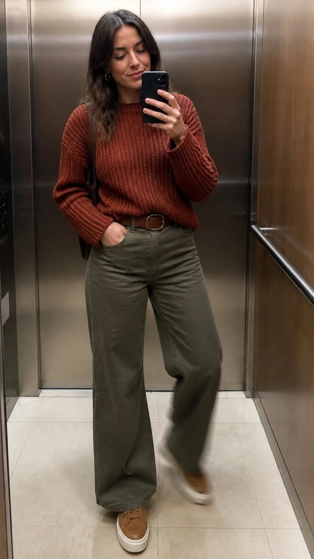 Olive Linen Pants With a Rust Knit Sweater for Fall