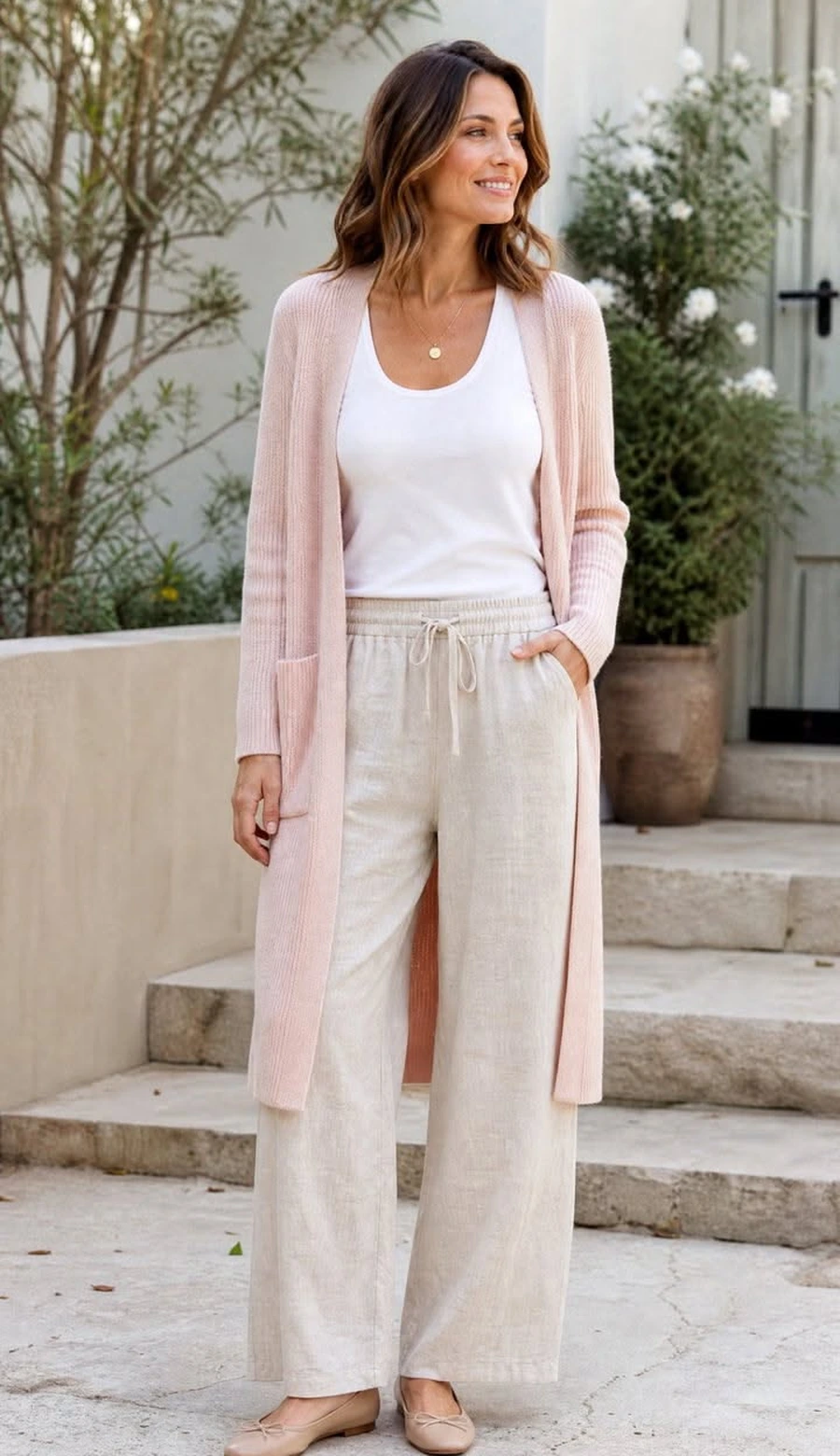 Khaki Linen Pants With a Lightweight Cardigan