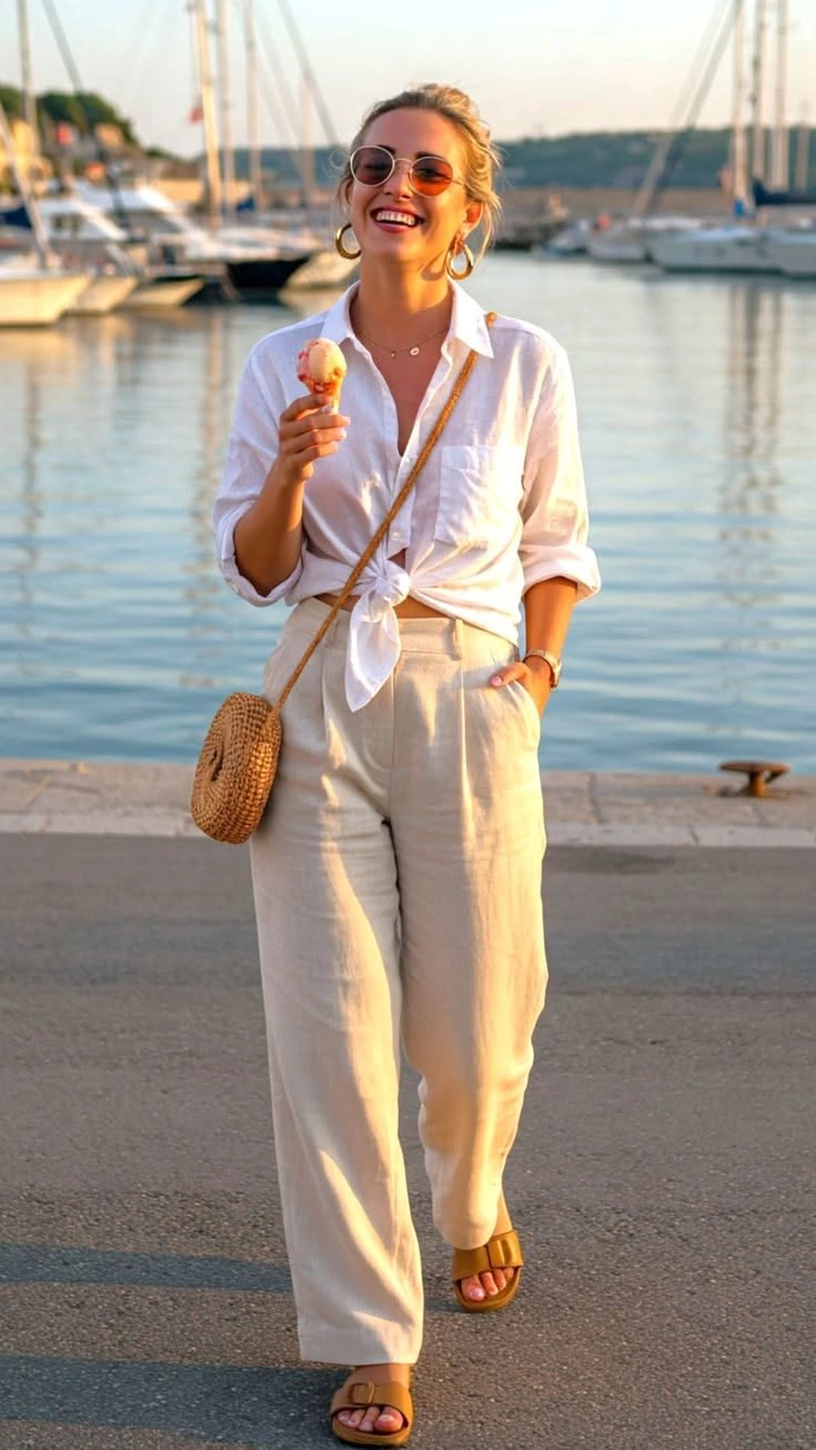Linen Palazzo Pants With a Tied White Shirt