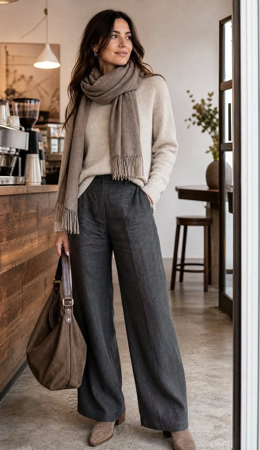 Grey Linen Pants With a Chunky Knit and Scarf