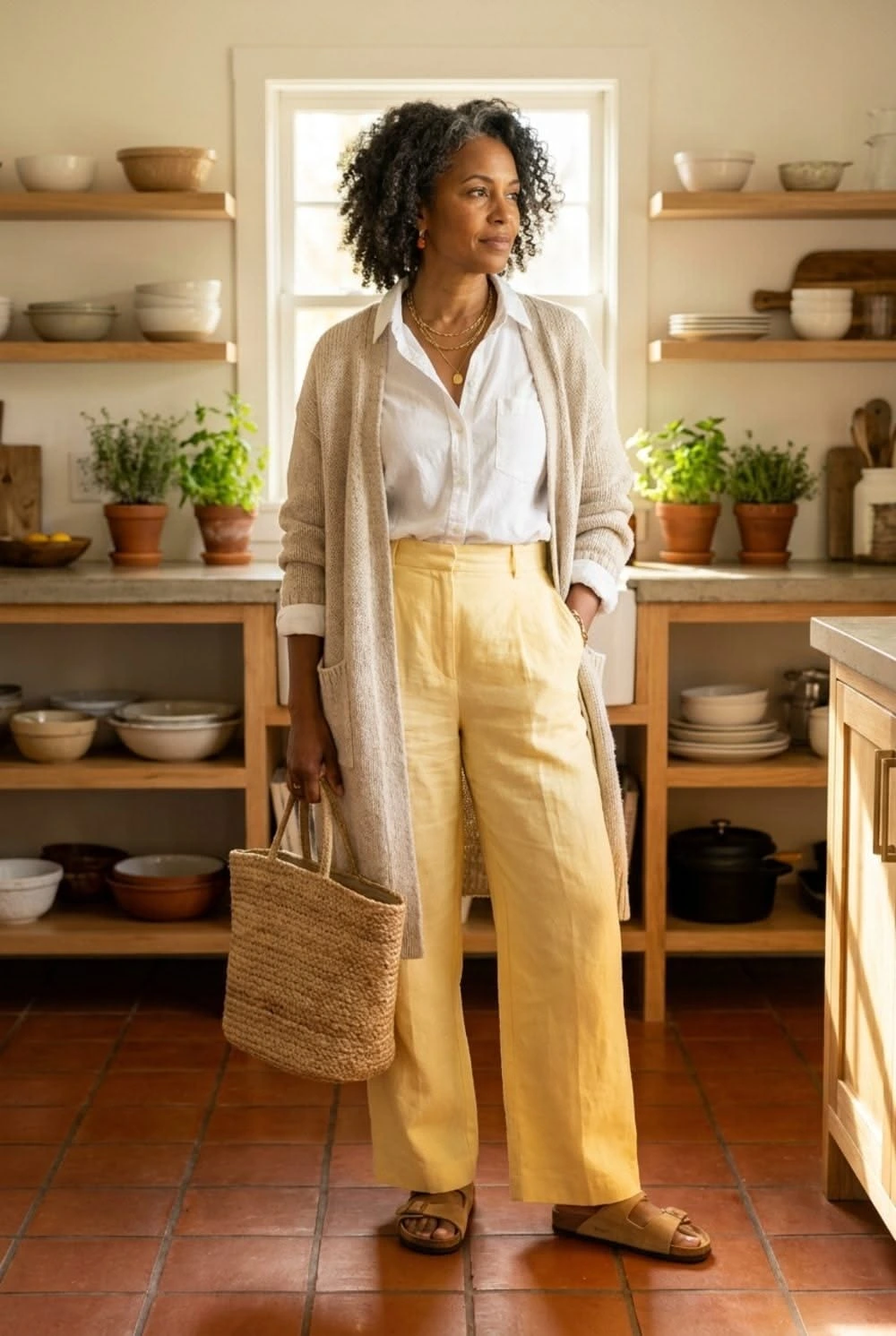 Mustard Linen Pants With a White Shirt and Cardigan