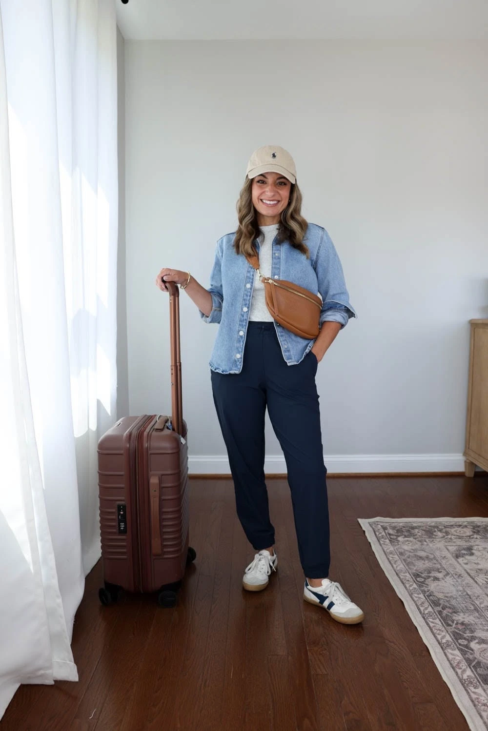 Navy Linen Joggers With a Denim Shirt for Travel