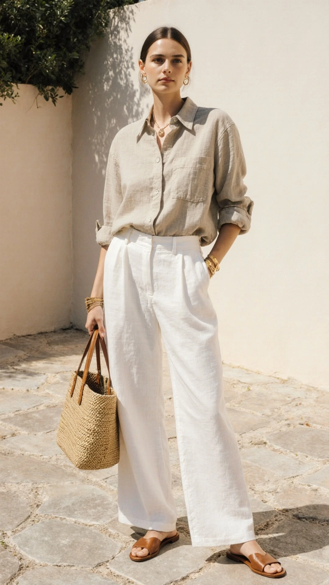 White Linen Pants With a Beige Shirt and Tan Accessories