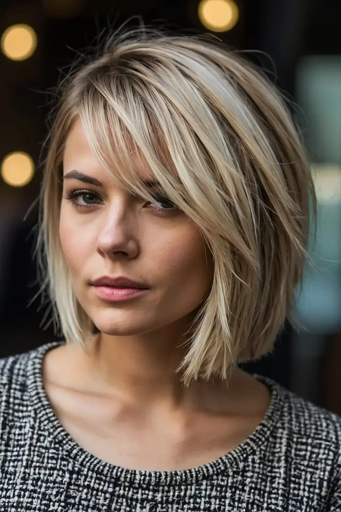Layered bob haircut on thin straight hair with volume at the crown