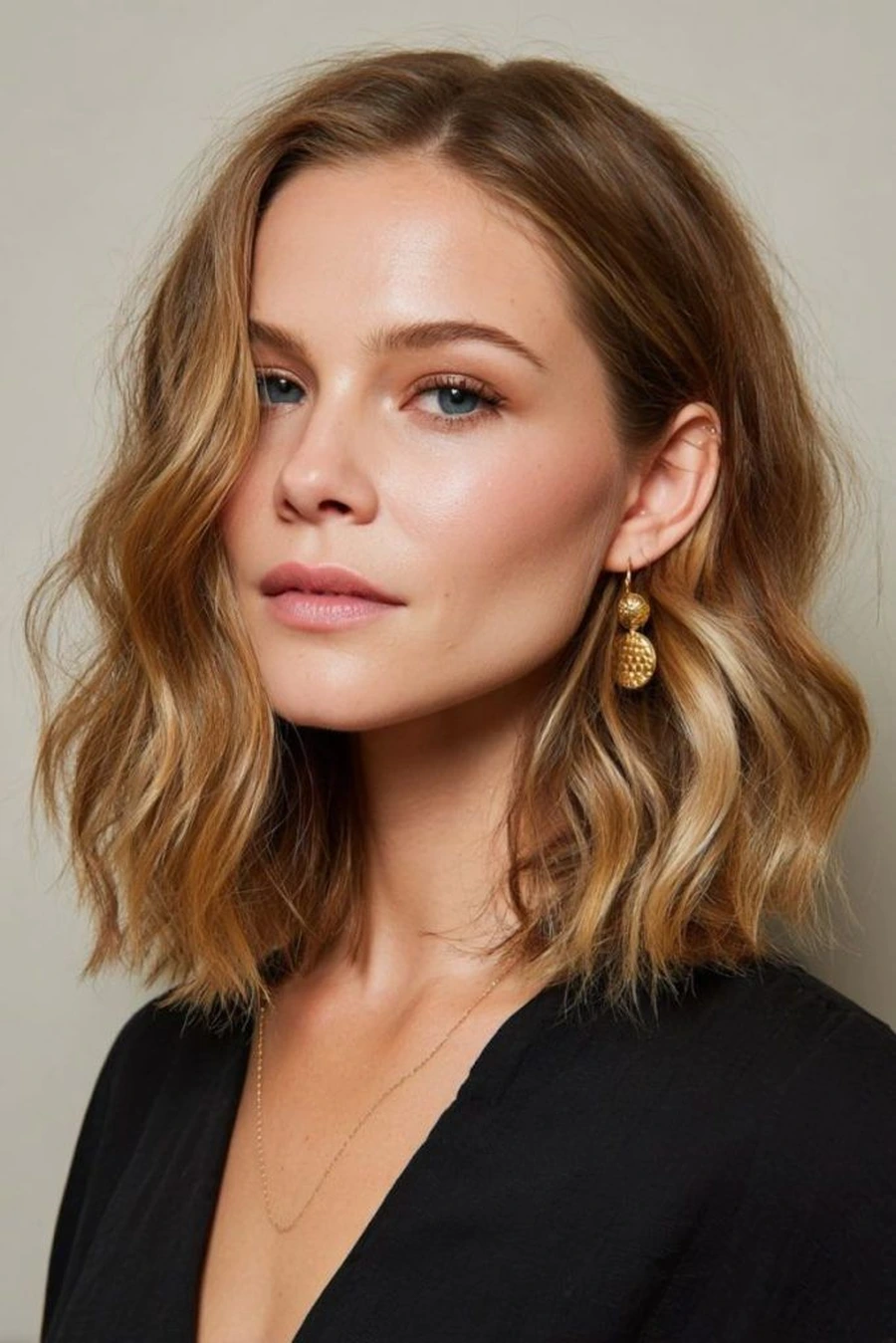 Shaggy long bob with feathered layers adding movement to thin hair
