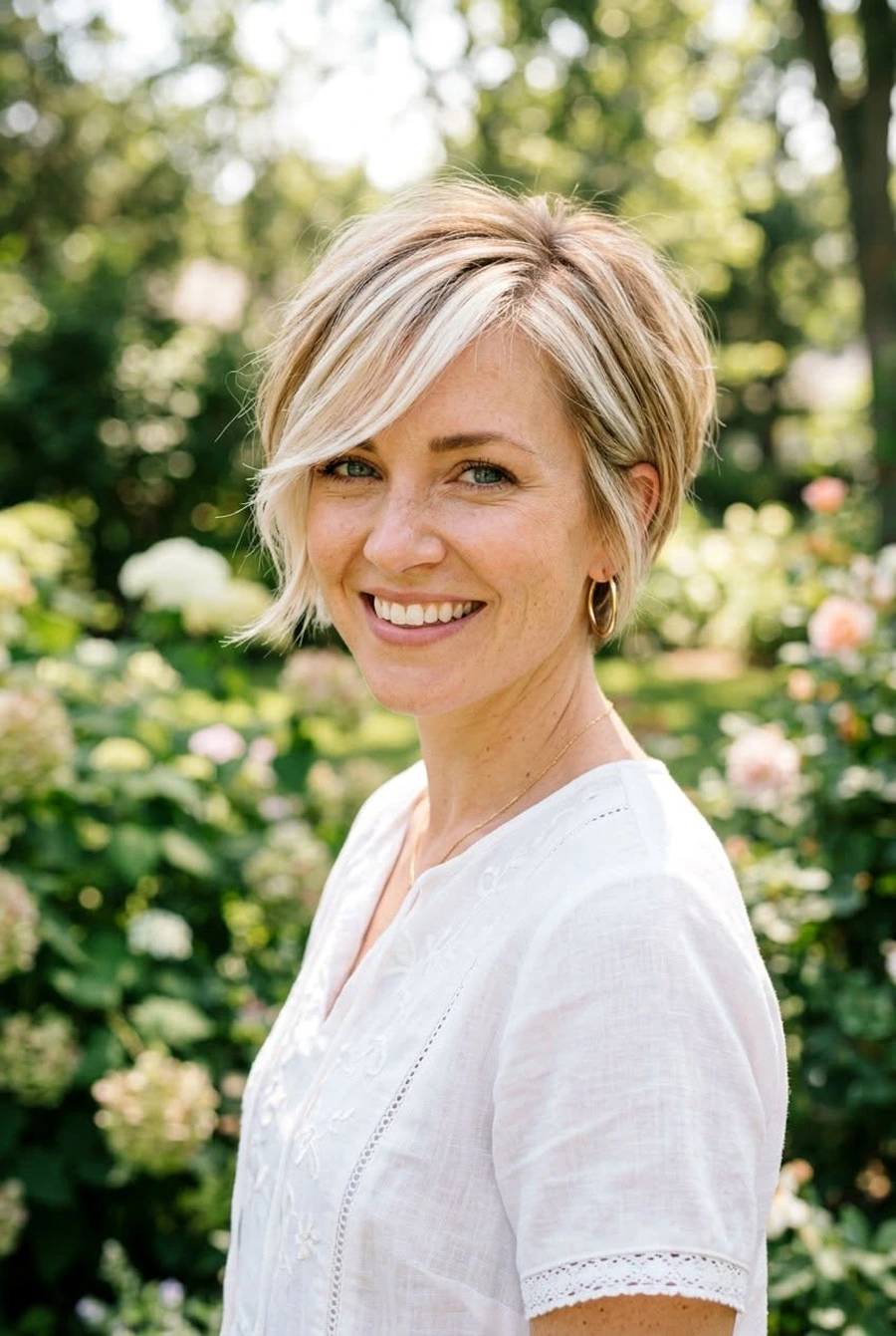 Long pixie haircut with side swept fringe on thin hair