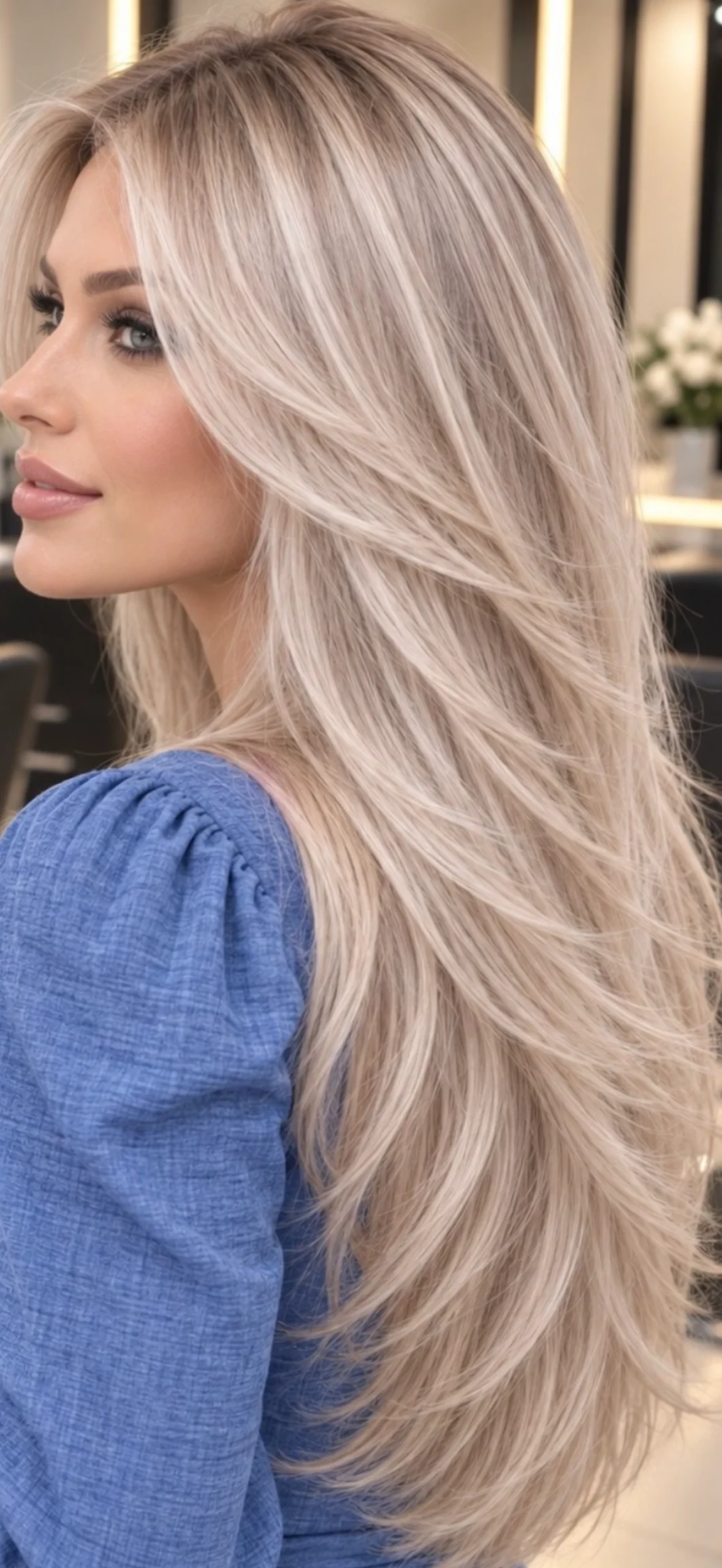 Long haircut with soft internal layers adding volume to thin hair
