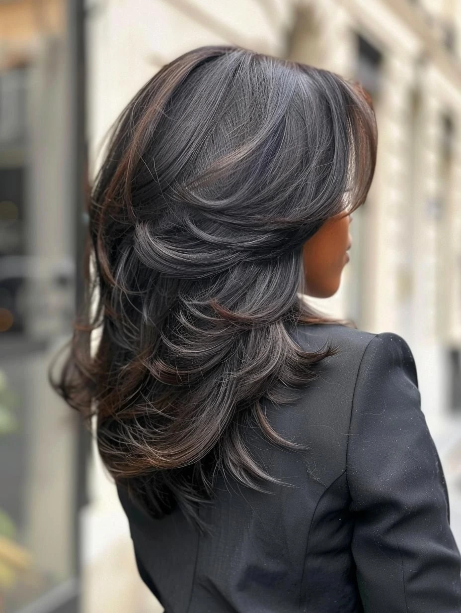 Feathered layered haircut with middle part on thin straight hair