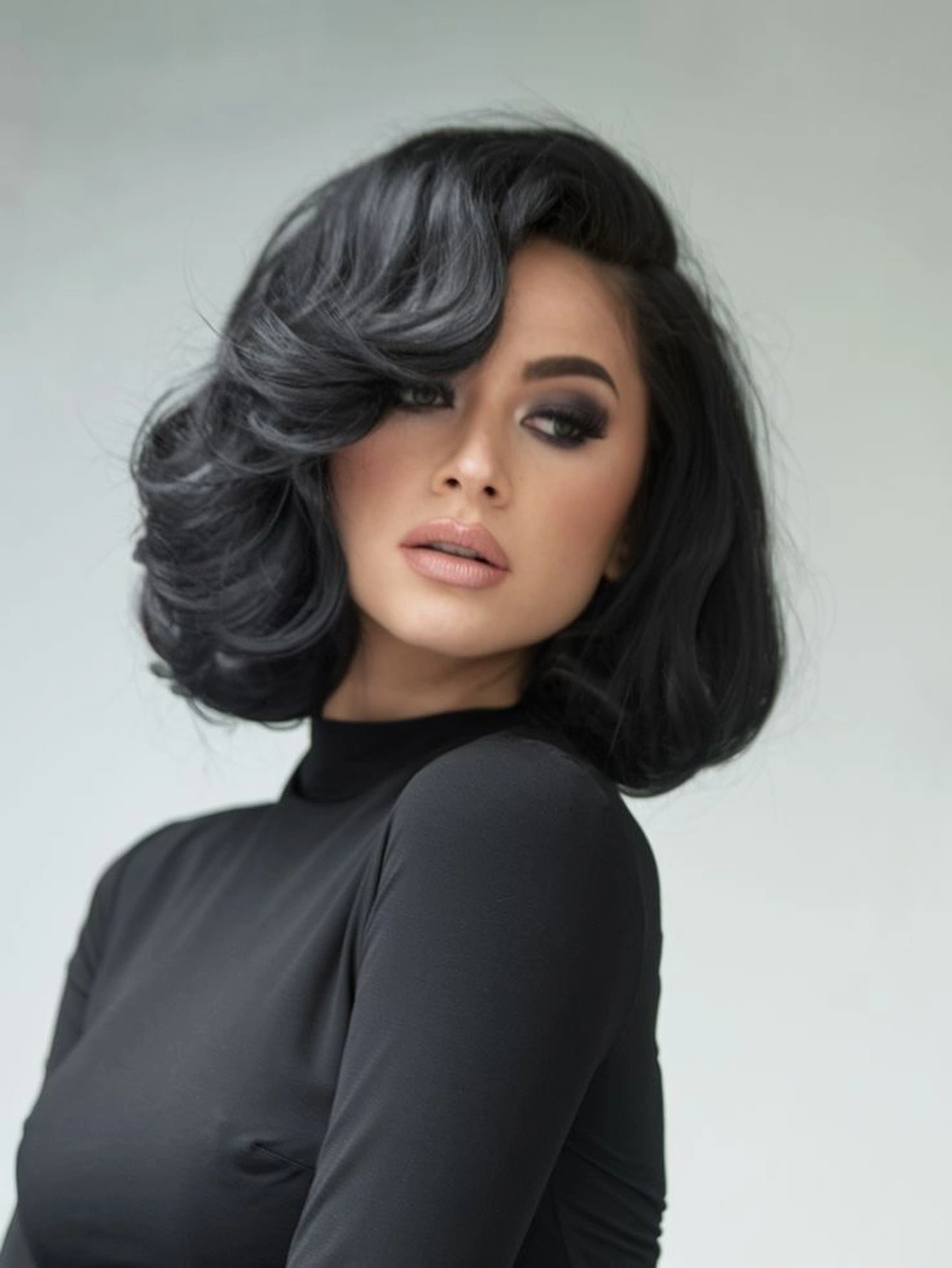 Bob haircut styled in a voluminous blowout on thin straight hair