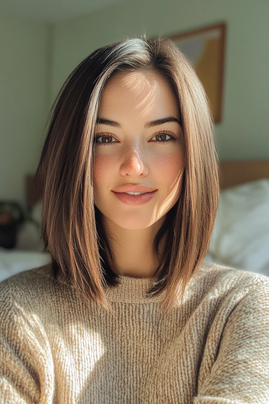 Sleek lob haircut with lifted roots on thin straight hair