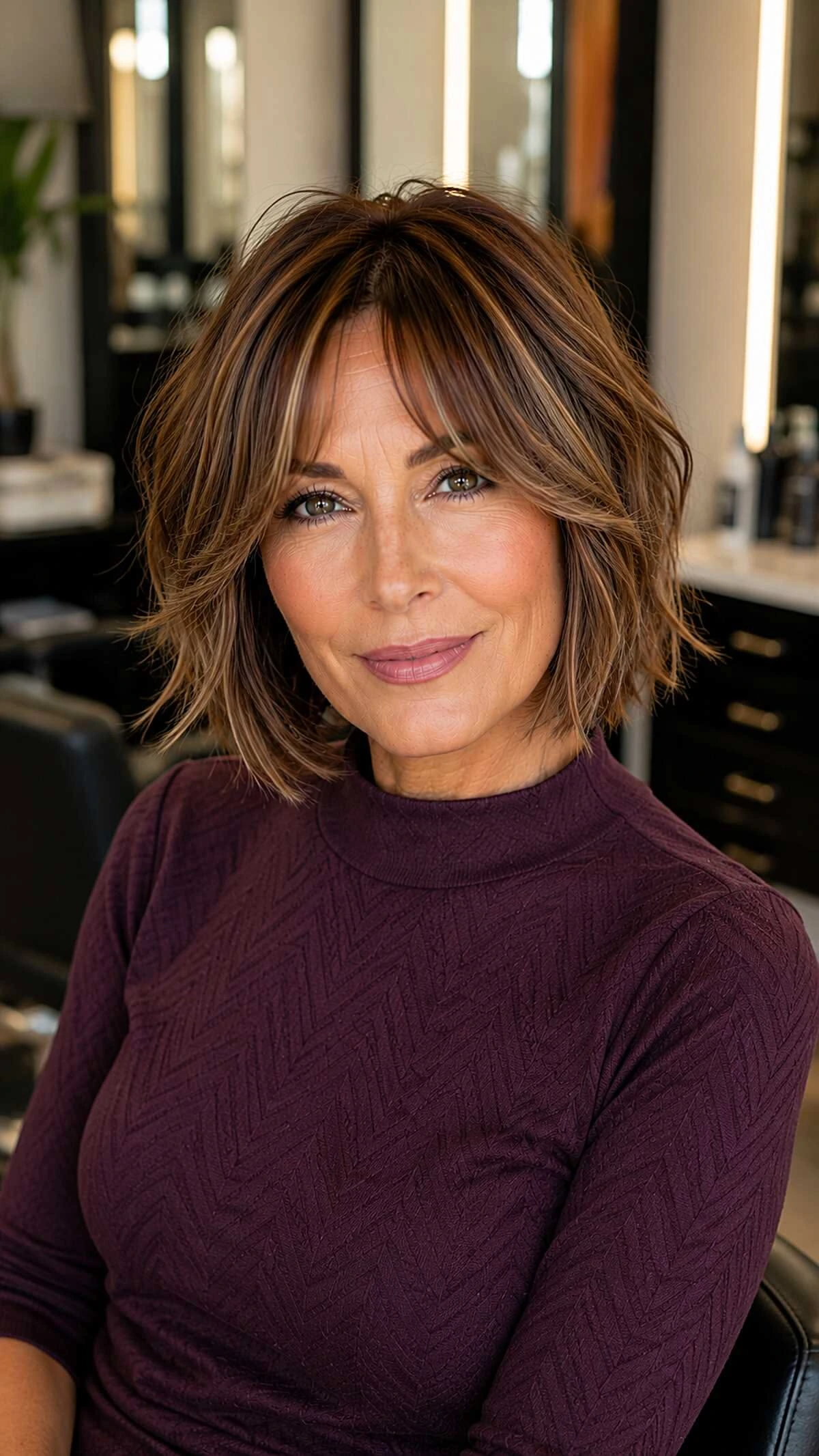 Woman over 50 with a layered bob haircut and curtain bangs