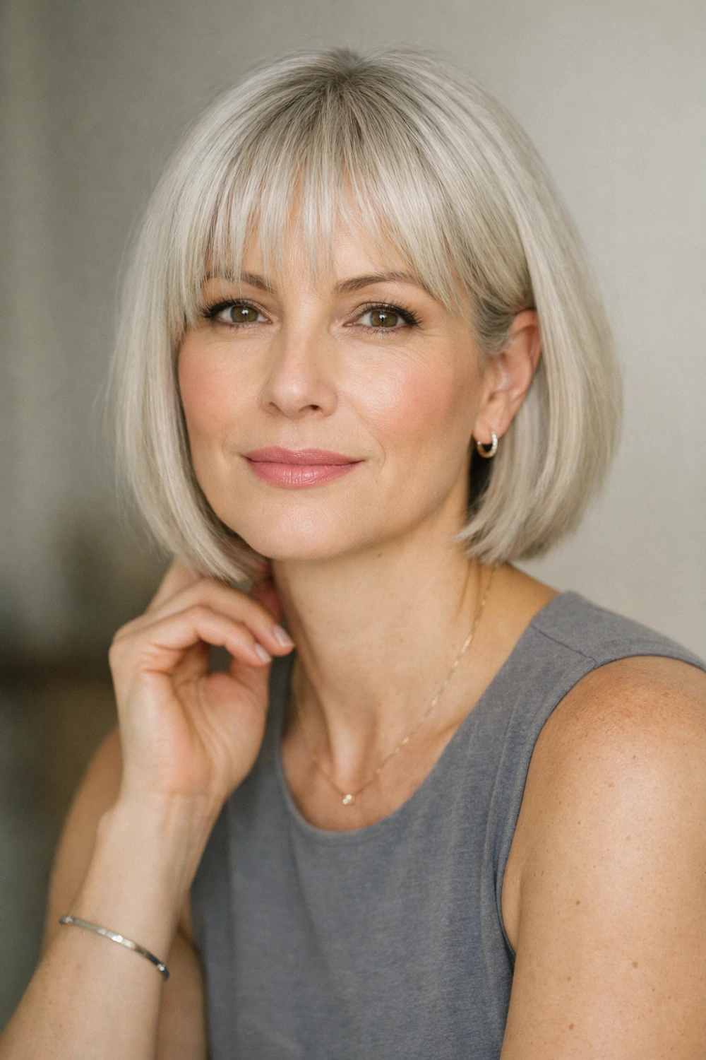 Woman over 50 with a chin length bob and blunt bangs
