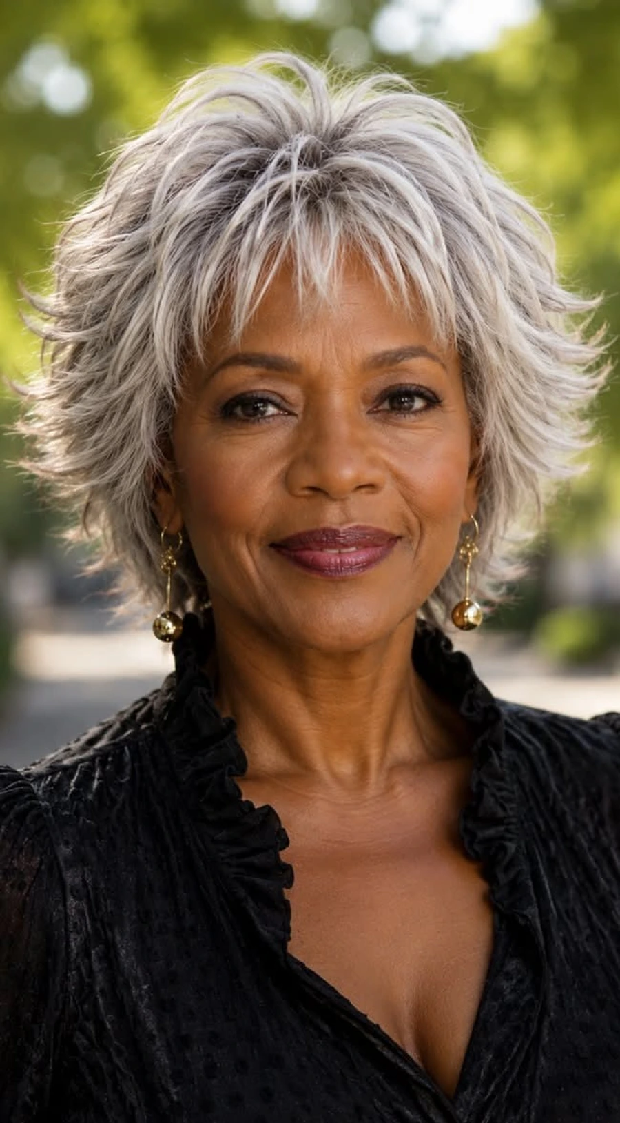 Older woman with a short shag haircut and feathered bangs