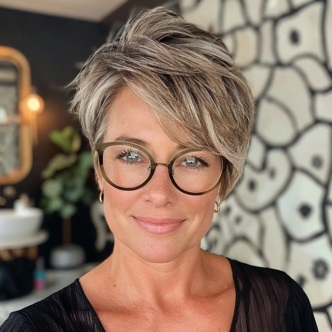 Woman over 50 with a soft pixie cut and long side bangs