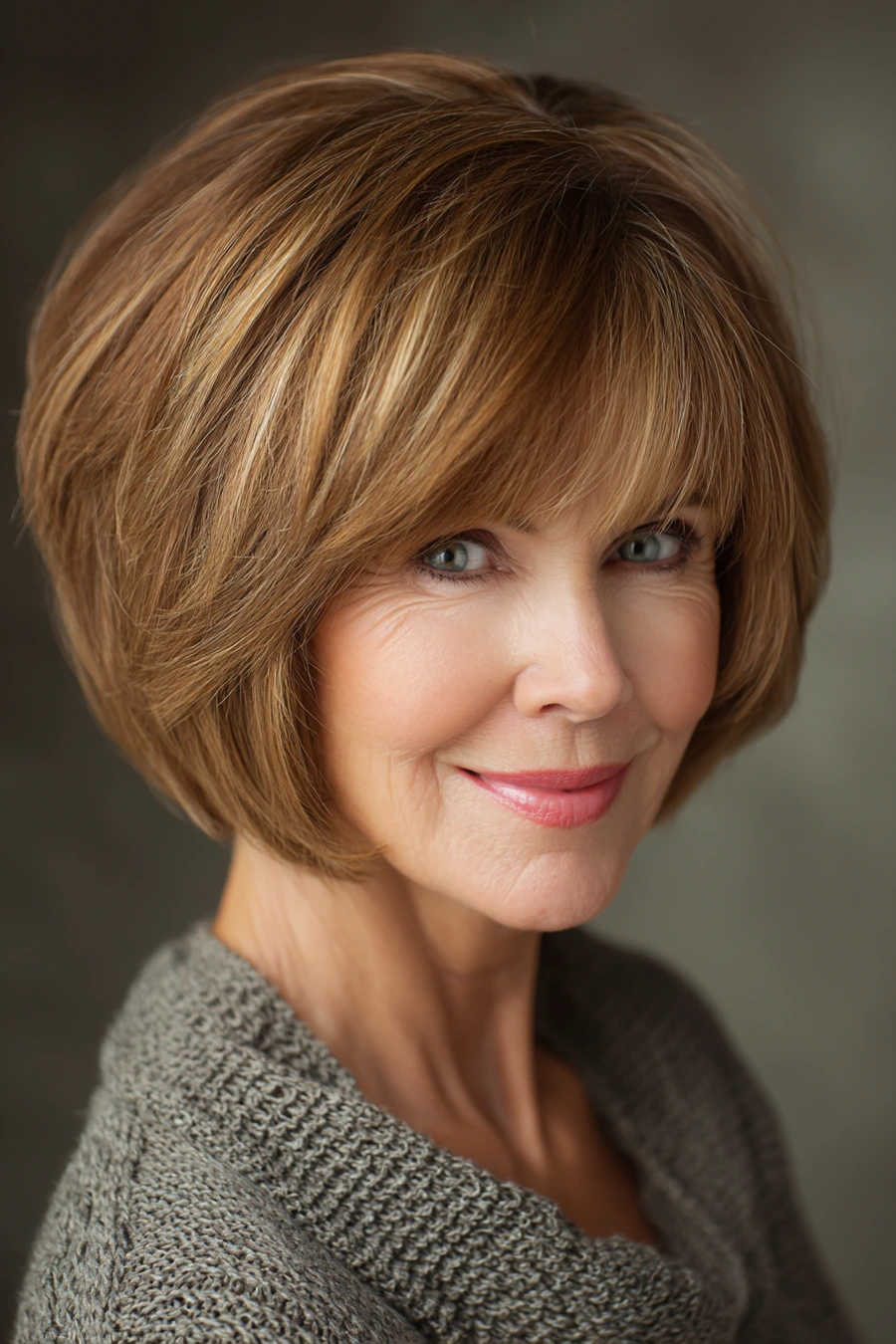 Mature woman with a graduated bob haircut and side bangs