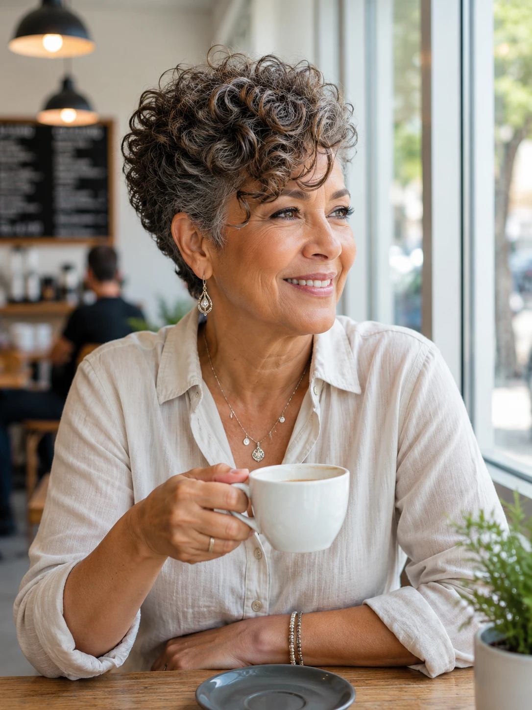 Woman over 50 with a curly pixie haircut and soft bangs