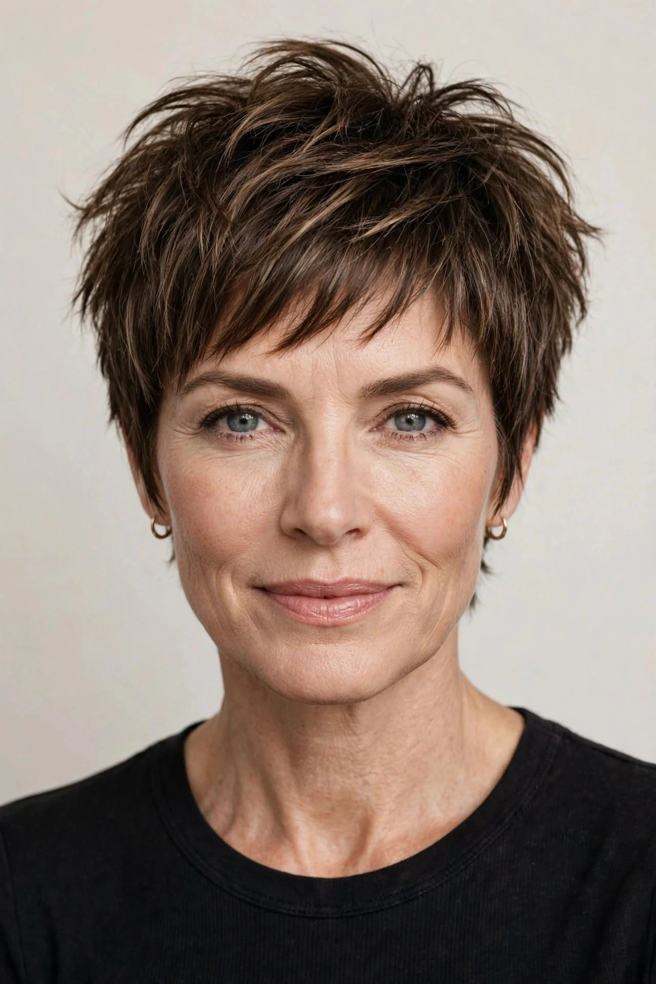 Older woman with a choppy pixie haircut and piecey bangs
