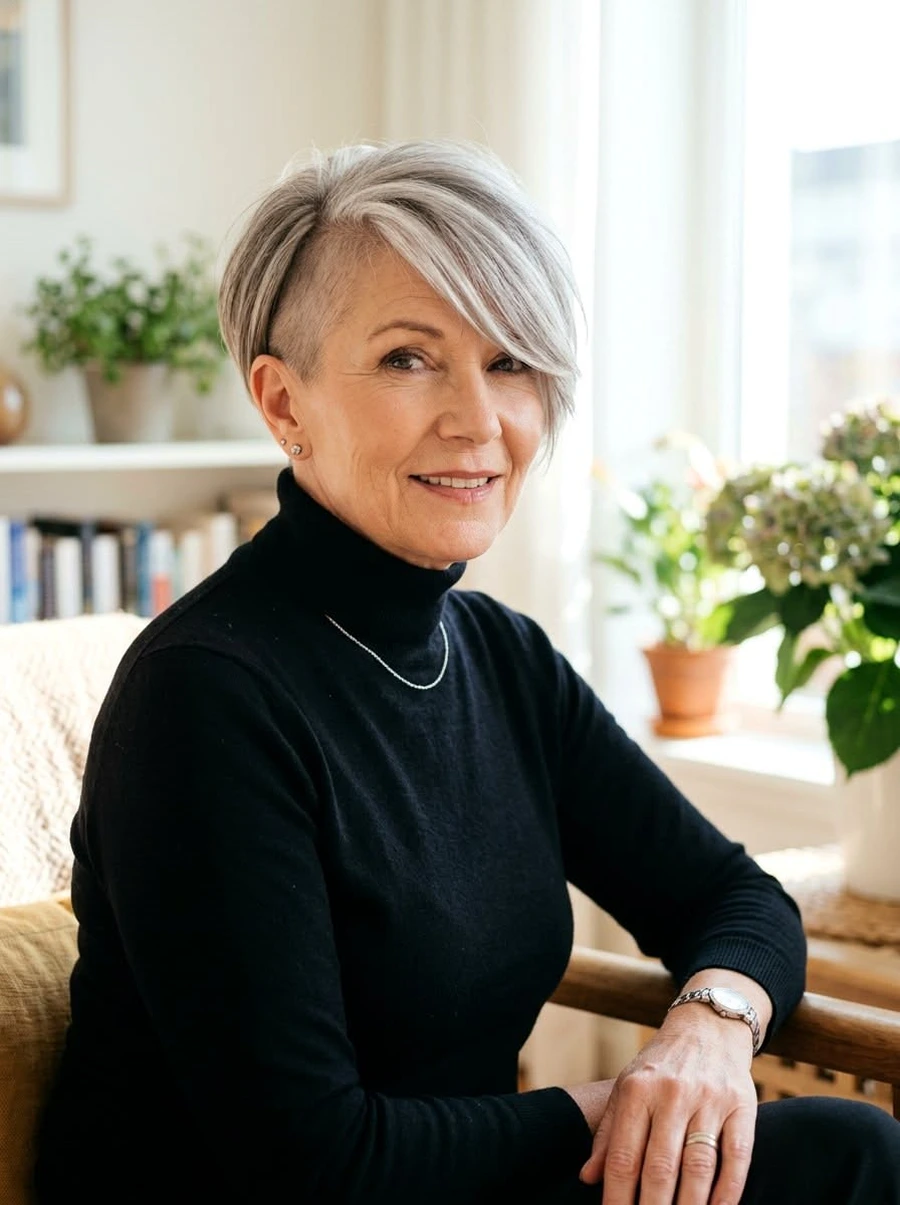 Mature woman with an asymmetric pixie and deep side bangs